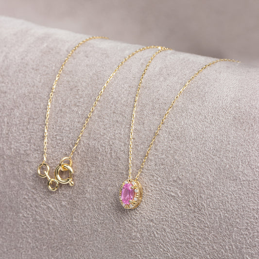 Oval Cut Pink Tourmaline Necklace with Real Diamonds in 8K/10K/14K Solid Gold, October Birthstone Pendant
