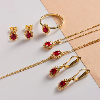 Teardrop Ruby Bezel Stud Earrings in 10K/14K Solid Gold Surrounded with Real Diamonds, July Birthstone Jewelry