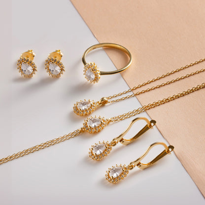 Teardrop White Topaz Bezel Stud Earrings in 10K/14K Solid Gold Surrounded with Real Diamonds, April Birthstone Jewelry