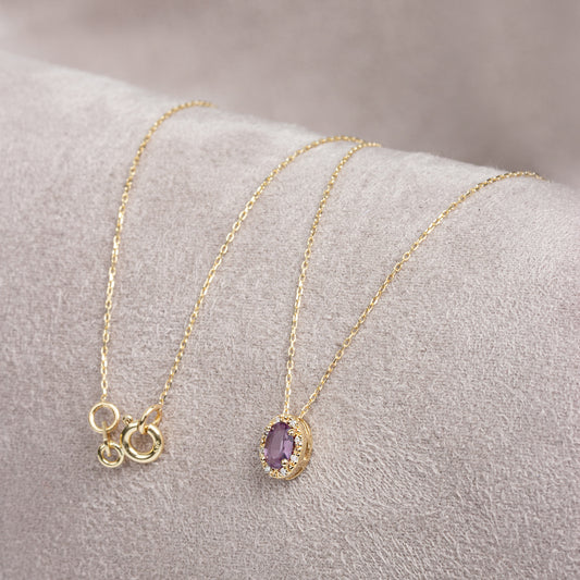 Oval Cut Amethyst Necklace with Real Diamonds in 8K/10K/14K Solid Gold, February Birthstone Pendant