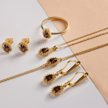 Teardrop Smoky Quartz Bezel Stud Earrings in 10K/14K Solid Gold Surrounded with Real Diamonds, Birthstone Jewelry