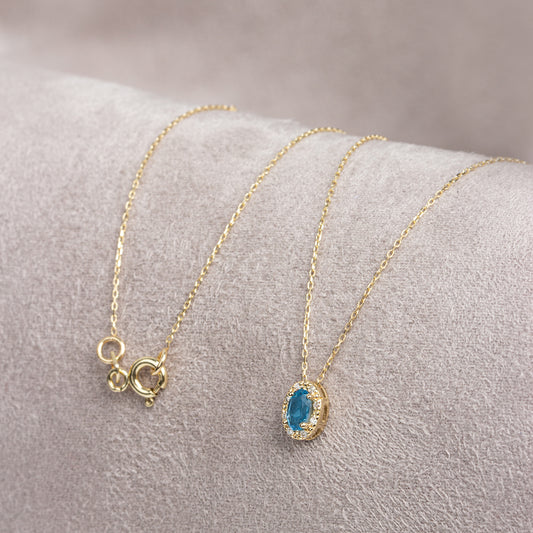 Oval Cut Blue Topaz Necklace with Real Diamonds in 8K/10K/14K Solid Gold, December Birthstone Pendant