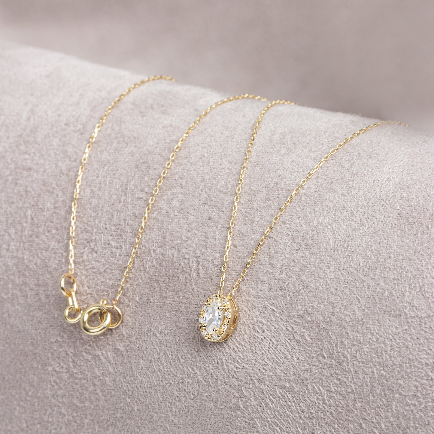 Oval Cut White Topaz Necklace with Real Diamonds in 8K/10K/14K Solid Gold, April Birthstone Pendant