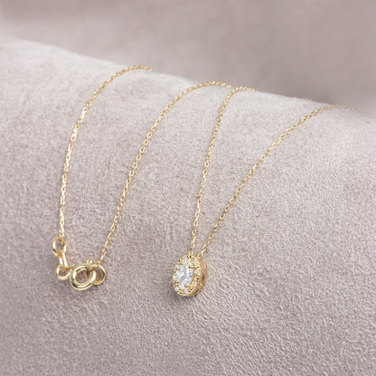 Oval Cut White Topaz Necklace with Real Diamonds in 8K/10K/14K Solid Gold, April Birthstone Pendant