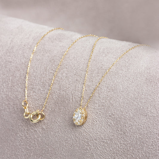 Oval Cut White Topaz Necklace with Real Diamonds in 8K/10K/14K Solid Gold, April Birthstone Pendant