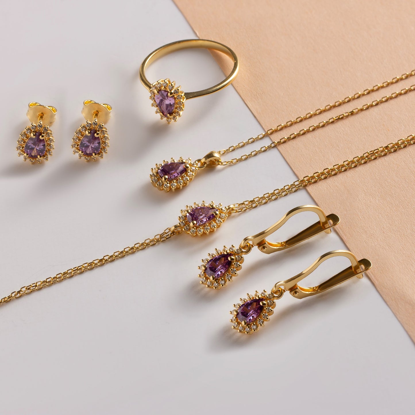 Teardrop Amethyst Bezel Bracelet in 8K/10K/14K Solid Gold Surrounded with Real Diamonds, February Birthstone Jewelry