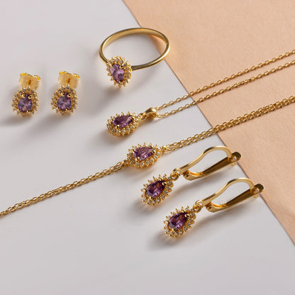 Teardrop Amethyst Bezel Bracelet in 8K/10K/14K Solid Gold Surrounded with Real Diamonds, February Birthstone Jewelry