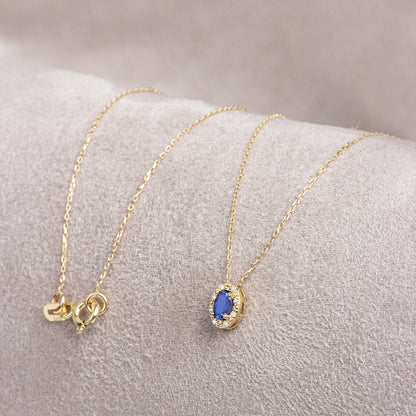 Oval Cut Sapphire Necklace with Real Diamonds in 8K/10K/14K Solid Gold, September Birthstone Pendant