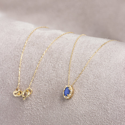 Oval Cut Sapphire Necklace with Real Diamonds in 8K/10K/14K Solid Gold, September Birthstone Pendant