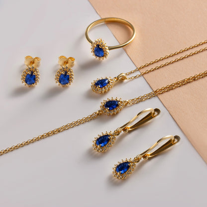 Teardrop Sapphire Bezel Necklace in 8K/10K/14K Solid Gold Surrounded with Real Diamonds, September Birthstone Jewelry