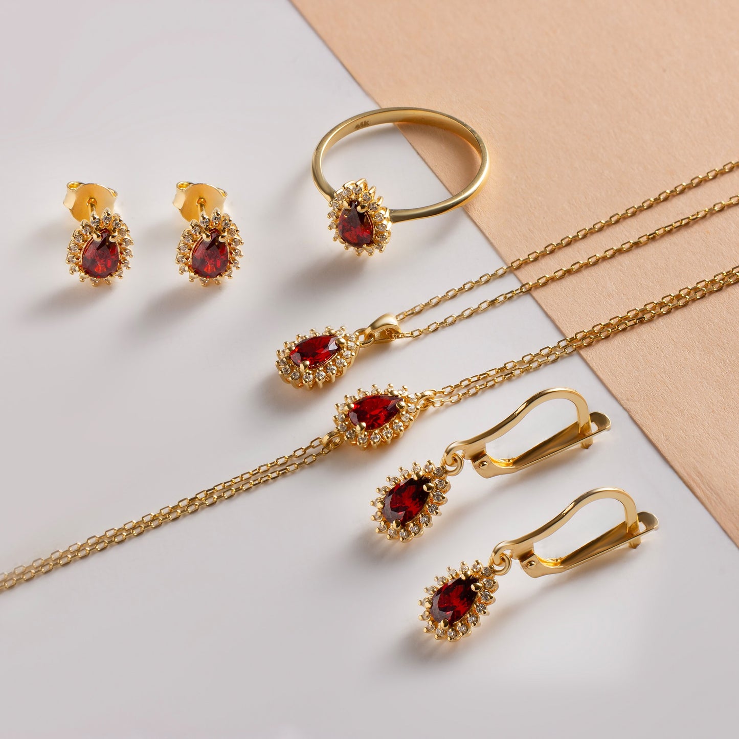 Teardrop Garnet Bezel Dangling Earrings in 8K/10K/14K Solid Gold Surrounded with Real Diamonds, January Birthstone Jewelry