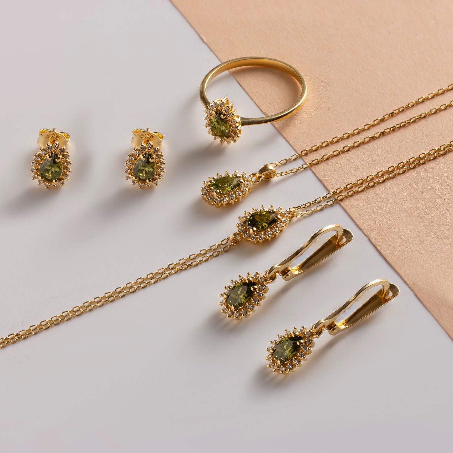 Teardrop Peridot Bezel Stud Earrings in 10K/14K Solid Gold Surrounded with Real Diamonds, August Birthstone Jewelry