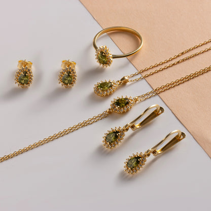 Teardrop Peridot Bezel Stud Earrings in 10K/14K Solid Gold Surrounded with Real Diamonds, August Birthstone Jewelry