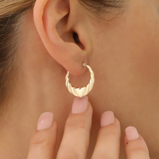 Twisted Hoop Earrings with Heart Design 14K Solid Gold