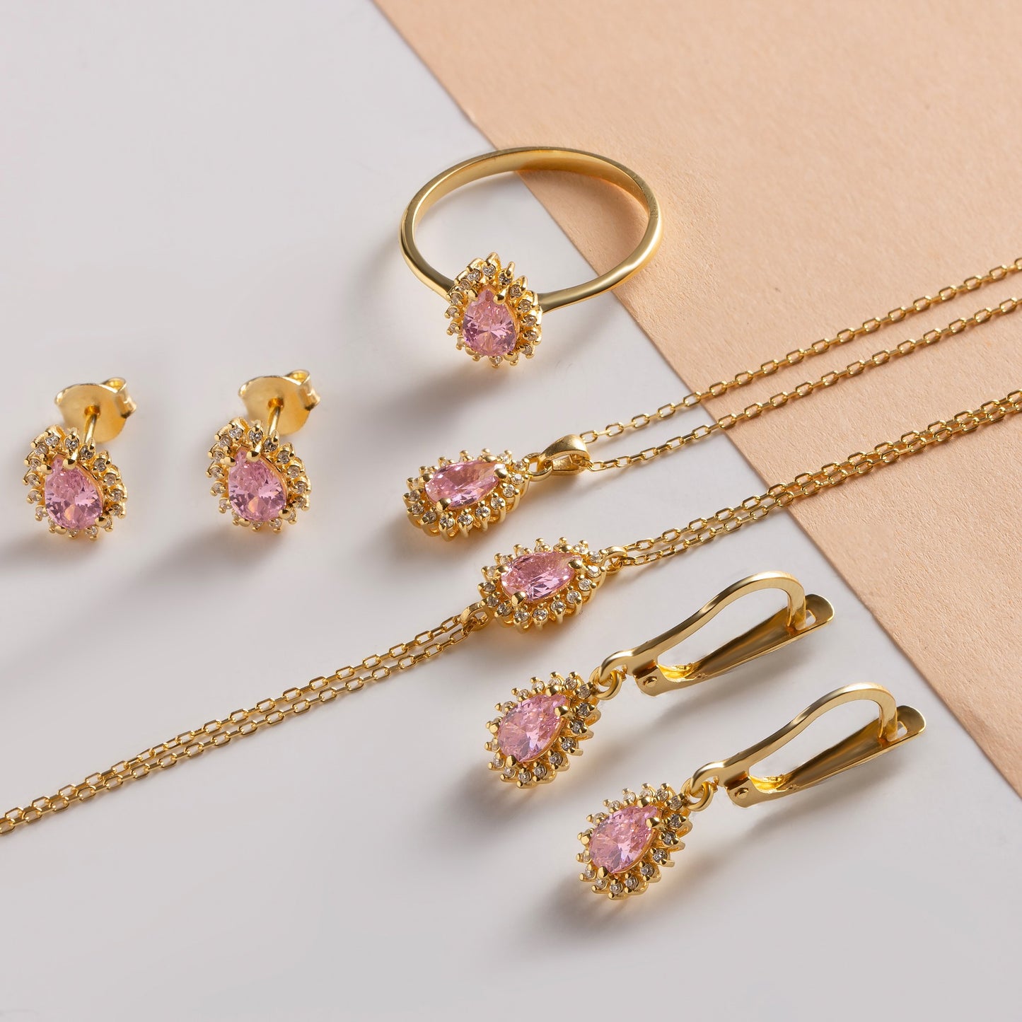 Teardrop Pink Tourmaline Bezel Stud Earrings in 10K/14K Solid Gold Surrounded with Real Diamonds, October Birthstone Jewelry