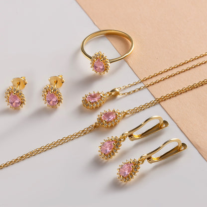 Teardrop Pink Tourmaline Bezel Stud Earrings in 10K/14K Solid Gold Surrounded with Real Diamonds, October Birthstone Jewelry