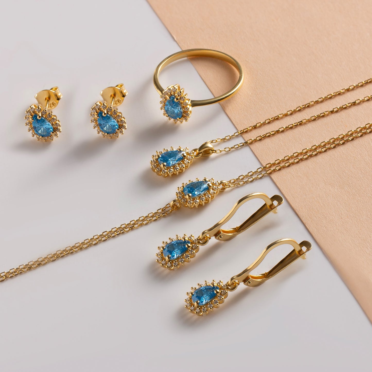 Teardrop Blue Topaz Bezel Stud Earrings in 10K/14K Solid Gold Surrounded with Real Diamonds, December Birthstone Jewelry