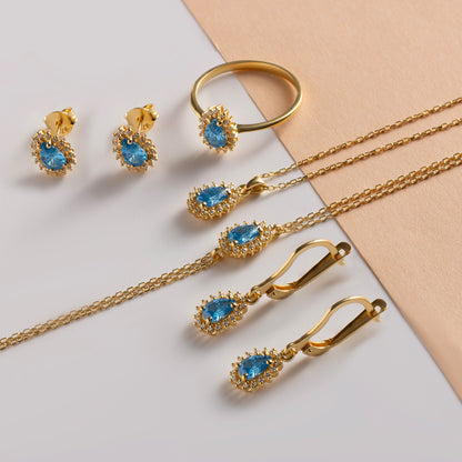 Teardrop Blue Topaz Bezel Dangling Earrings in 8K/10K/14K Solid Gold Surrounded with Real Diamonds, December Birthstone Jewelry