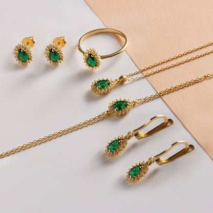 Teardrop Emerald Bezel Stud Earrings in 10K/14K Solid Gold Surrounded with Real Diamonds, May Birthstone Jewelry