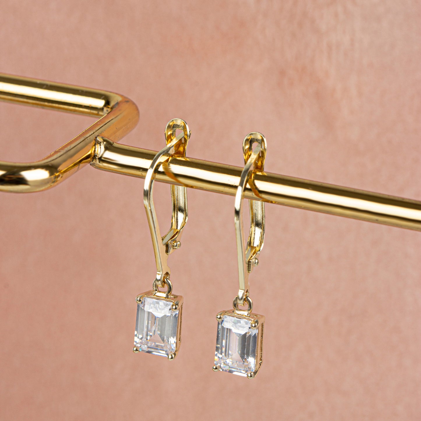 Dangle Rectangle White Topaz Earring 8K/10K/14K Solid Gold, April Birthstone
