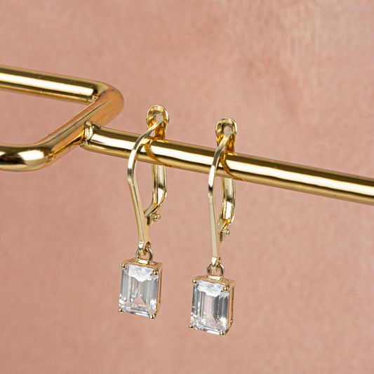Dangle Rectangle White Topaz Earring 8K/10K/14K Solid Gold, April Birthstone
