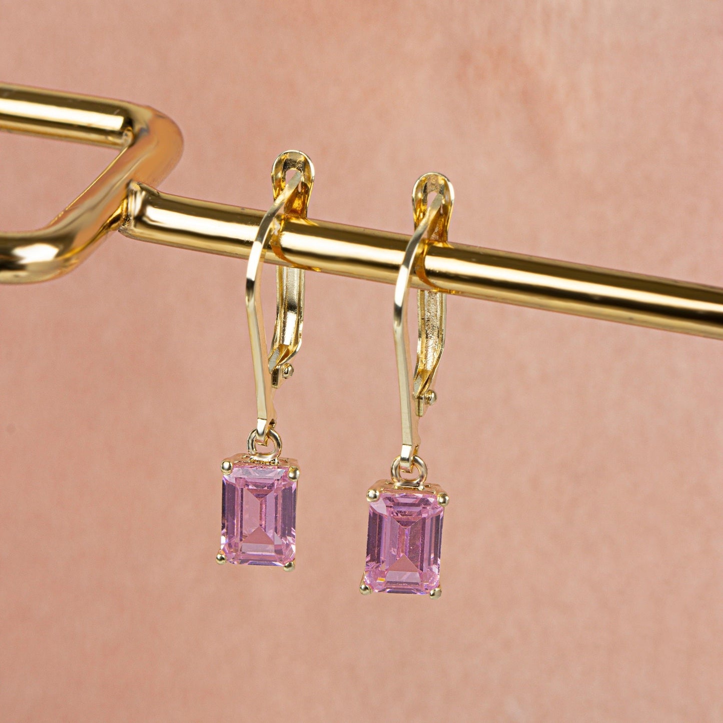Dangle Rectangle Pink Tourmaline Earring 8K/10K/14K Solid Gold, October Birthstone