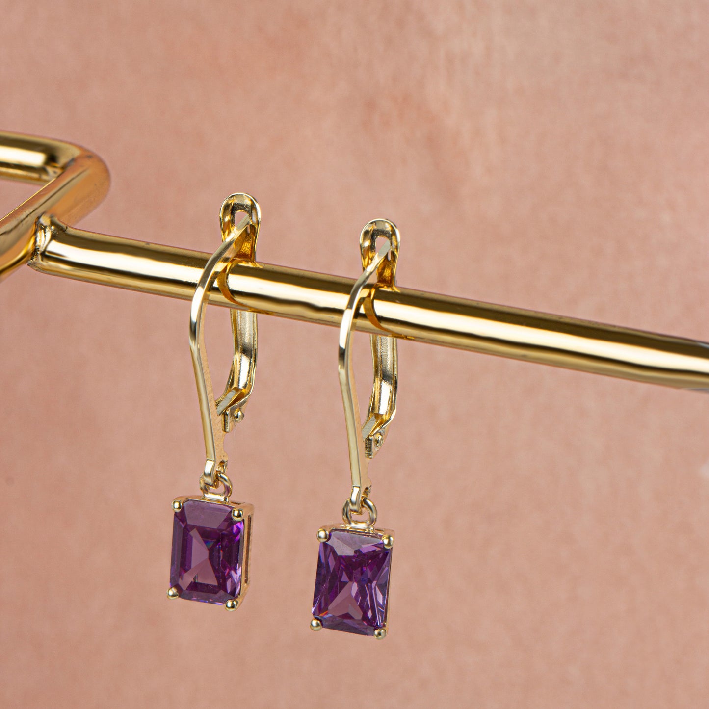 Dangle Rectangle Amethyst Earring 8K/10K/14K Solid Gold, February Birthstone