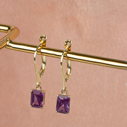 Dangle Rectangle Amethyst Earring 8K/10K/14K Solid Gold, February Birthstone