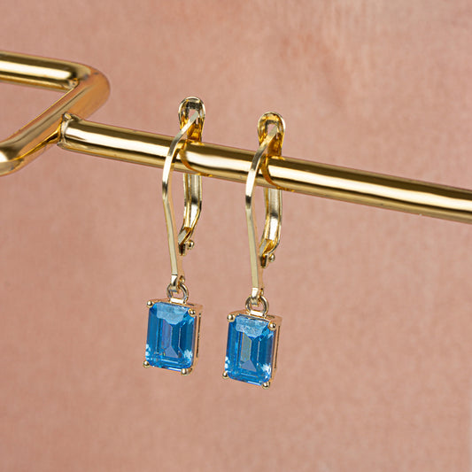Dangle Rectangle Blue Topaz Earring 8K/10K/14K Solid Gold, December Birthstone