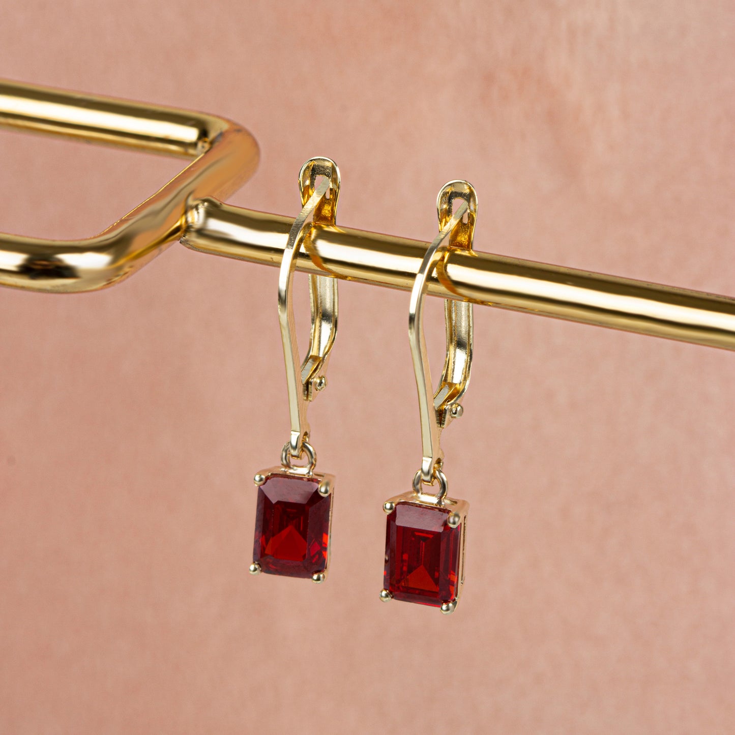 Dangle Rectangle Garnet Earring 8K/10K/14K Solid Gold, January Birthstone