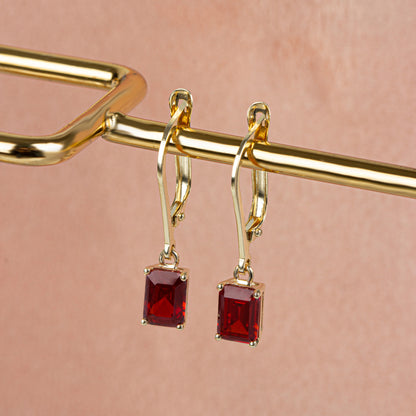 Dangle Rectangle Garnet Earring 8K/10K/14K Solid Gold, January Birthstone