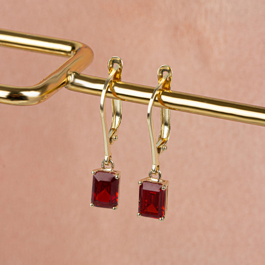 Dangle Rectangle Garnet Earring 8K/10K/14K Solid Gold, January Birthstone