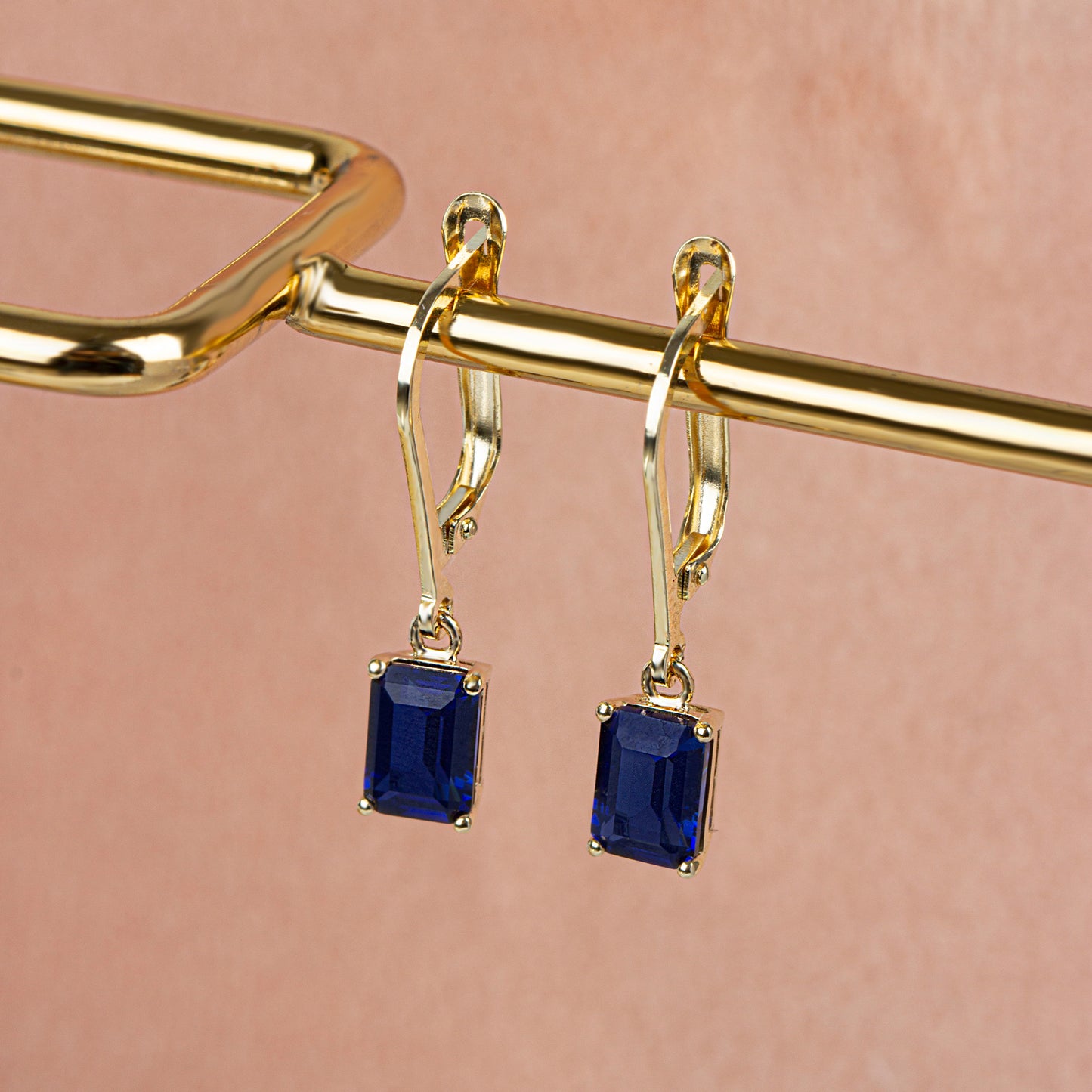Dangle Rectangle Sapphire Earring 8K/10K/14K Solid Gold, September Birthstone