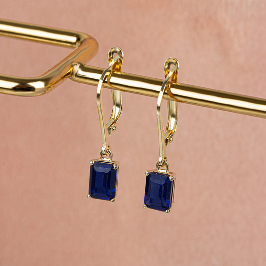 Dangle Rectangle Sapphire Earring 8K/10K/14K Solid Gold, September Birthstone