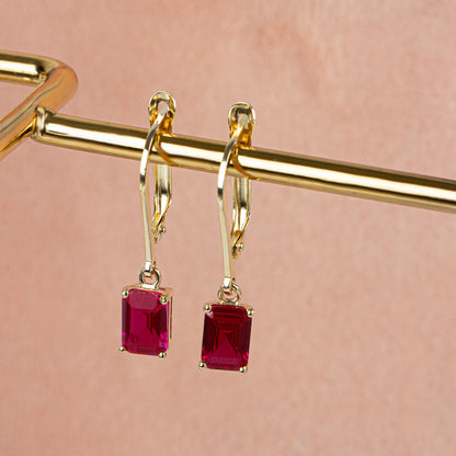 Dangle Rectangle Ruby Earring 8K/10K/14K Solid Gold, July Birthstone