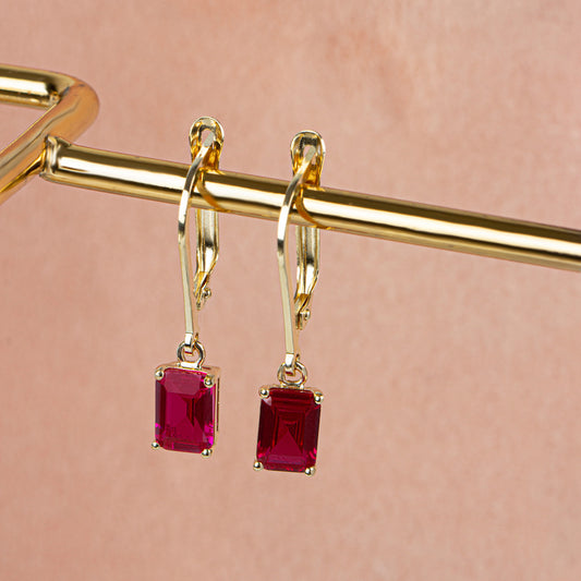 Dangle Rectangle Ruby Earring 8K/10K/14K Solid Gold, July Birthstone