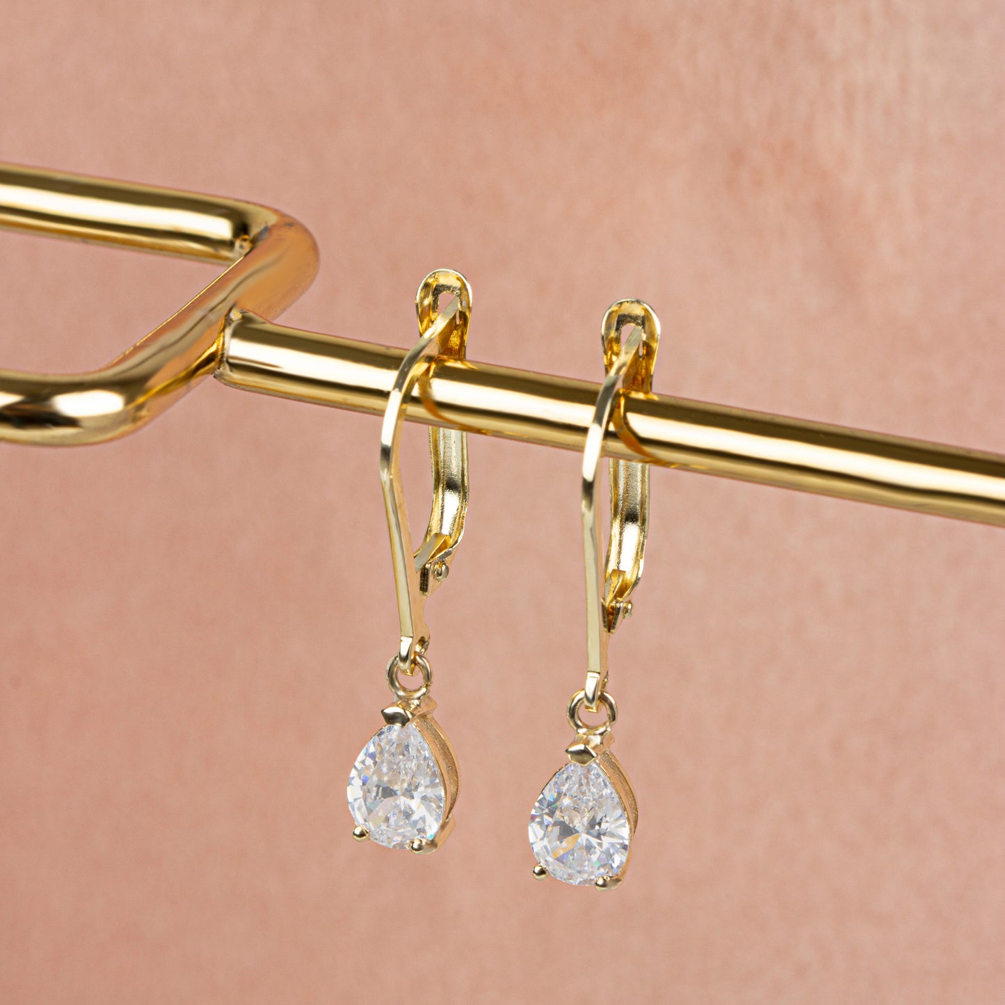 Dangle Drop White Topaz Earring 8K/10K/14K Solid Gold, April Birthstone