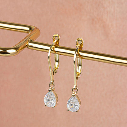 Dangle Drop White Topaz Earring 8K/10K/14K Solid Gold, April Birthstone