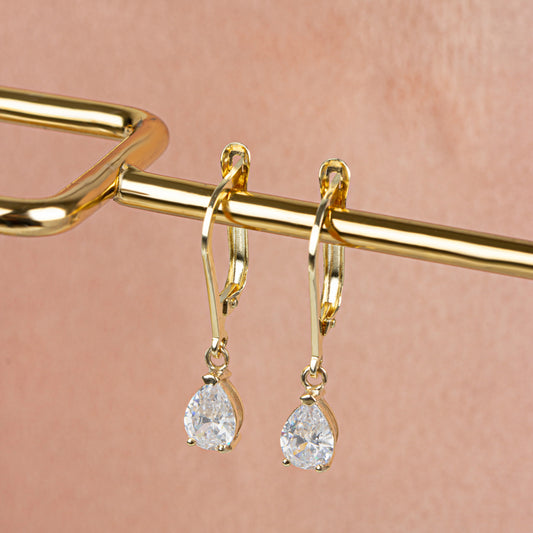 Dangle Drop White Topaz Earring 8K/10K/14K Solid Gold, April Birthstone
