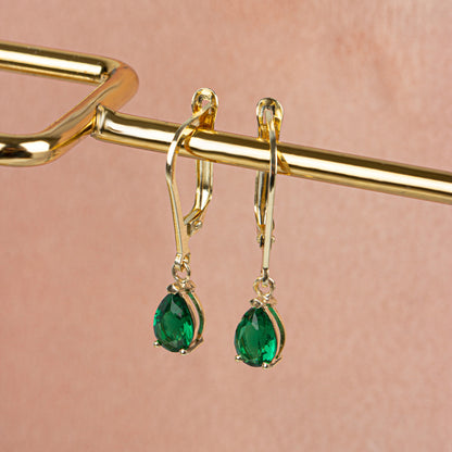Dangle Drop Emerald Earring 8K/10K/14K Solid Gold, May Birthstone