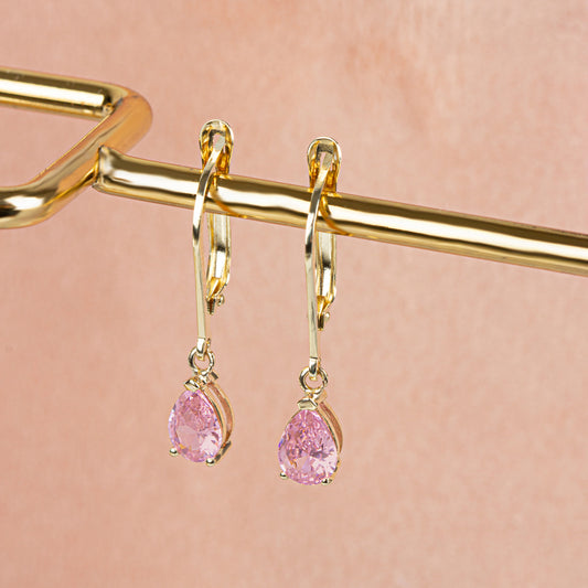 Dangle Drop Pink Tourmaline Earring 8K/10K/14K Solid Gold, October Birthstone