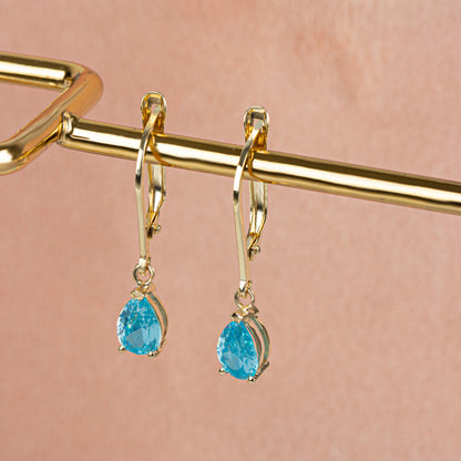 Dangle Drop Aquamarine Earring 8K/10K/14K Solid Gold, March Birthstone
