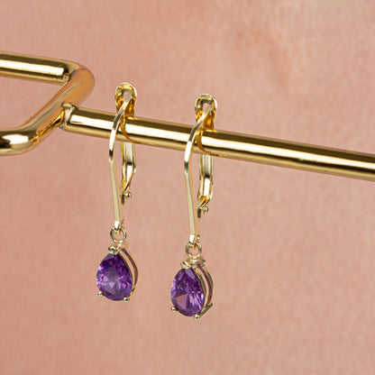Dangle Drop Amethyst Earring 8K/10K/14K Solid Gold, February Birthstone