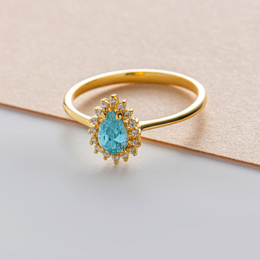 Teardrop Aquamarine Ring in 8K/10K/14K Solid Gold Surrounded with Real Diamonds, March Birthstone Jewelry