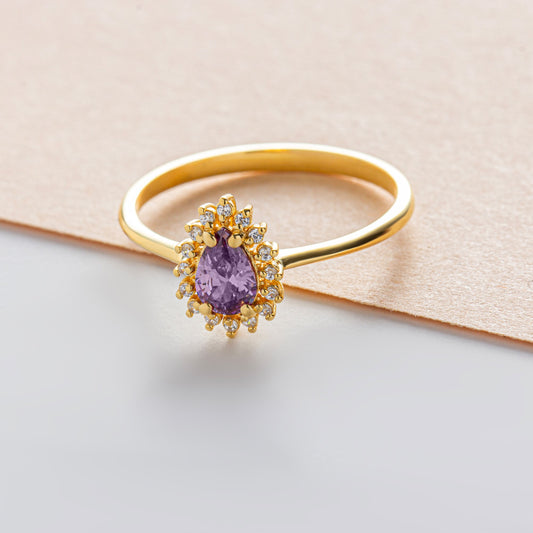 Teardrop Amethyst Ring in 8K/10K/14K Solid Gold Surrounded with Real Diamonds, February Birthstone Jewelry