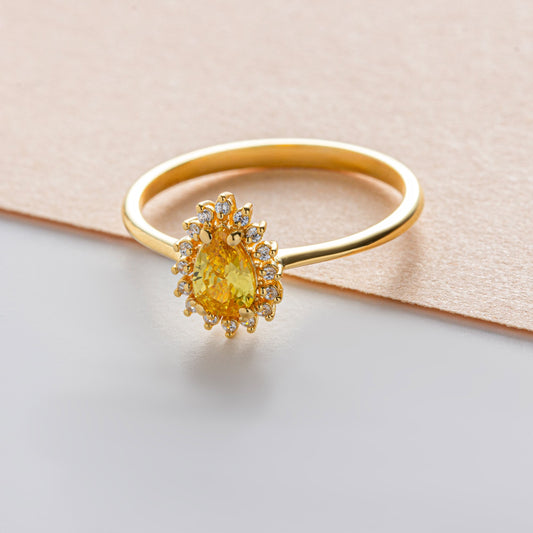 Teardrop Yellow Topaz Ring in 8K/10K/14K Solid Gold Surrounded with Real Diamonds, Birthstone Jewelry