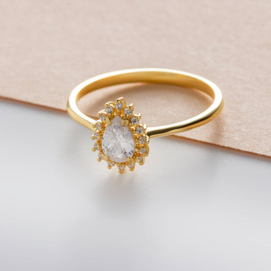 Teardrop White Topaz Ring in 8K/10K/14K Solid Gold Surrounded with Real Diamonds, April Birthstone Jewelry