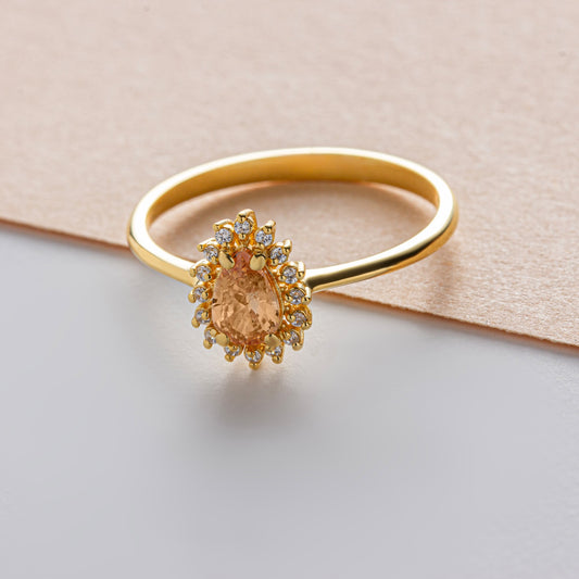 Teardrop Citrine Ring in 8K/10K/14K Solid Gold Surrounded with Real Diamonds, November Birthstone Jewelry