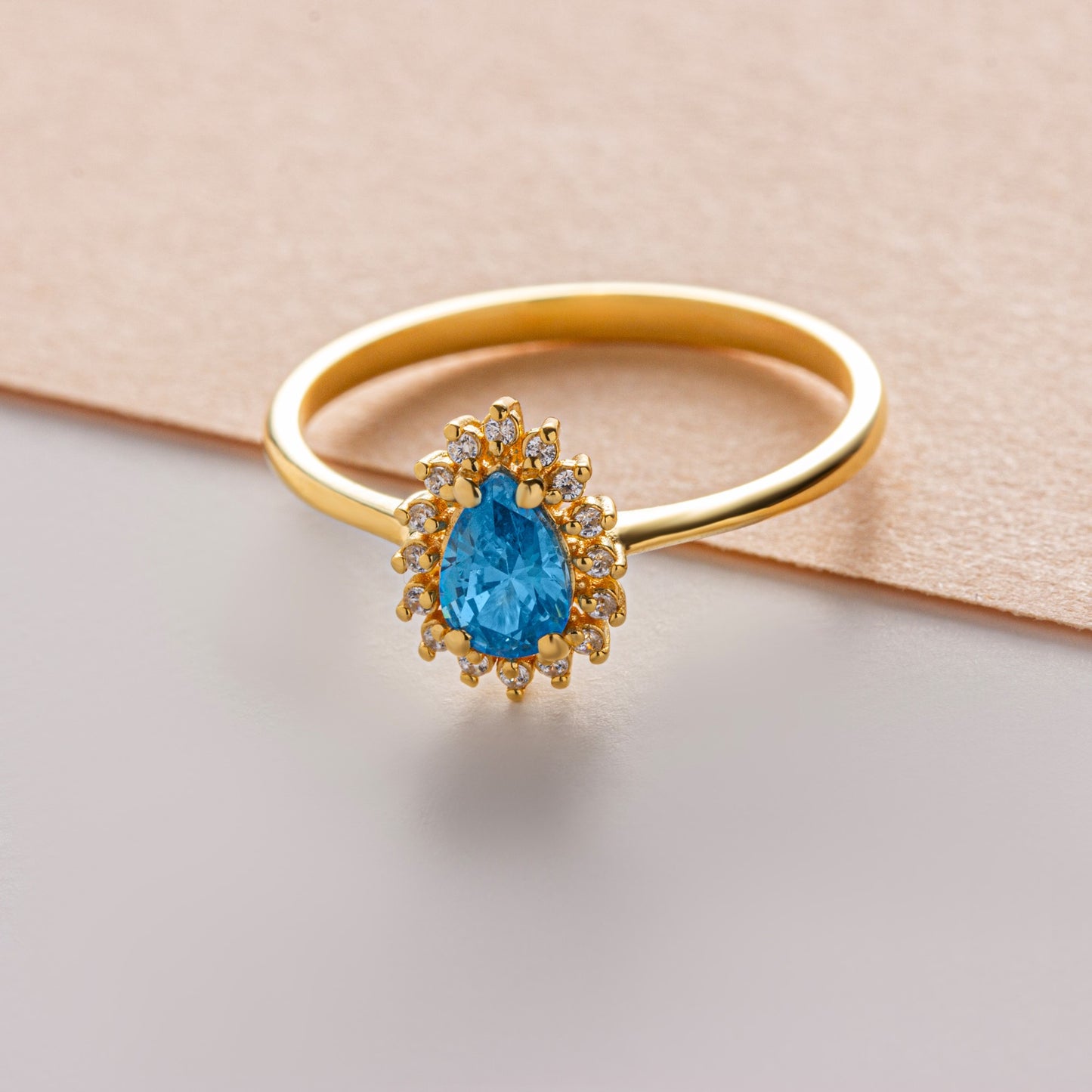 Teardrop Blue Topaz Ring in 8K/10K/14K Solid Gold Surrounded with Real Diamonds, December Birthstone Jewelry