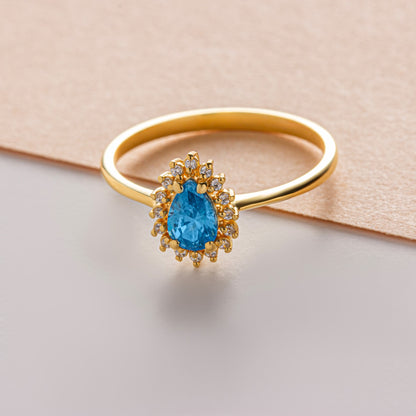 Teardrop Blue Topaz Ring in 8K/10K/14K Solid Gold Surrounded with Real Diamonds, December Birthstone Jewelry